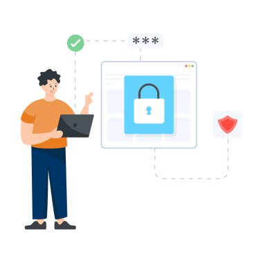 Dizüstü bilgisayarı ve asma kilit vektör çizimi olan adam