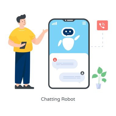 Akıllı telefonu olan ve konuşma kabarcığı çizimi olan bir adam.