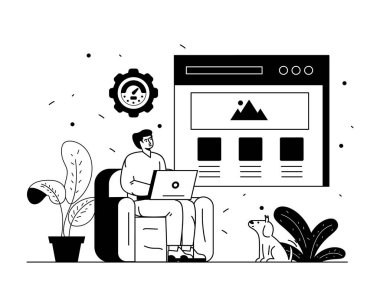 Dizüstü bilgisayar ve bilgisayar vektör çizimi tasarımı ile çalışan iş adamları