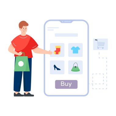 Akıllı telefonlu ve çantasında kelime alışverişi illüstrasyonu olan bir adam.