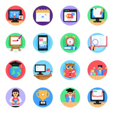 Eğitim ve öğrenme vektör simgeleri ayarlandı. 9 çalışma konseptinin düz çizimi