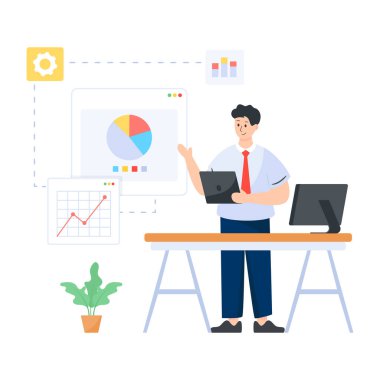 Dizüstü bilgisayar ve vektör illüstrasyonuyla çalışan iş adamı