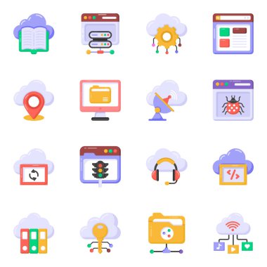 Bulut hesaplama ve teknoloji simgeleri ayarlandı. vektör illüstrasyonu