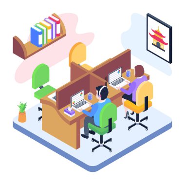 İnsanlı izometrik ofis odası ve bilgisayar vektör illüstrasyonu