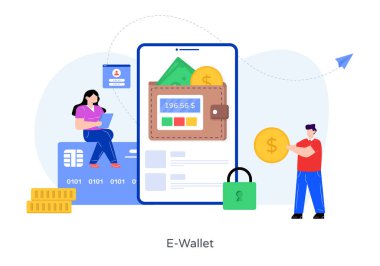 İnternetten alışveriş. İnsanların elinde bitcoin bankası olan genç bir kadının düz bir çizimi..