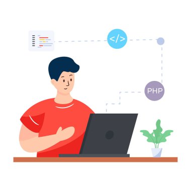 adam dizüstü bilgisayar ve bilgisayar vektör illüstrasyon tasarımı ile çalışıyor