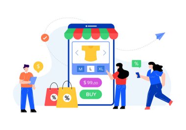 Çevrimiçi alışveriş kavramı, akıllı telefon ve insanlarla dolu çanta ve çizgi film düz illüstrasyonunda pazarlama sembolleri