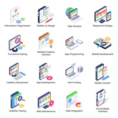 mobil uygulama simgeleri ayarlandı. Beyaz arkaplanda izole edilmiş web tasarımı için 36 veri vektör simgesinin izometrik biçimi