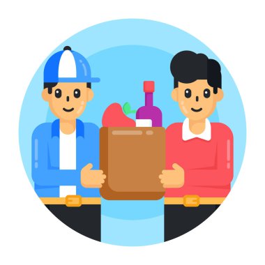 Pizza ve yemek taşıyıcı illüstrasyonlu teslimatçı.