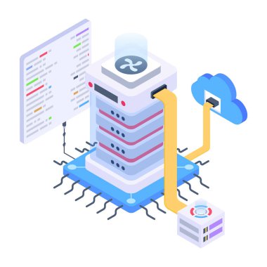 Bir dizüstü bilgisayar ve bulut hesaplama ile bir veritabanının izometrik vektör çizimi.