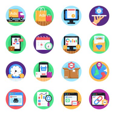 düz tasarım seo simgesi ve mobil uygulama, vektör illüstrasyonu