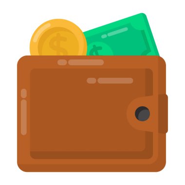 Beyaz arkaplan üzerinde para simgesi olan cüzdan, renkli tasarım, vektör illüstrasyonu