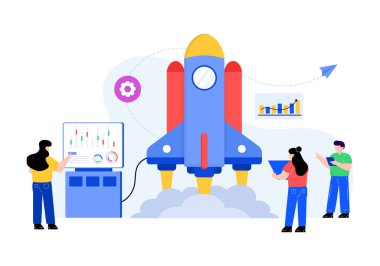 İş adamları roket ve başlangıç konsepti vektör illüstrasyon grafik tasarımı ile birlikte çalışıyorlar