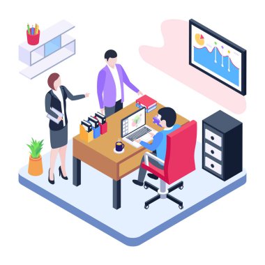 Ofis odası vektör ilüstrasyonunda dizüstü bilgisayar ve masa ile çalışan iş adamları