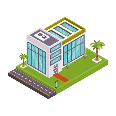 Yeşil çatılı ve ağaç vektör resimli izometrik şehir binası
