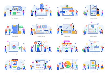 Modern düz stil vektör illüstrasyonunda birlikte çalışan iş adamları