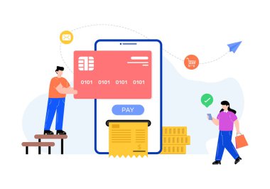 Akıllı telefon ve kredi kartı çizimi ile çevrimiçi alışveriş kavramı