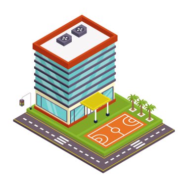 Yeşil çatılı ve yol vektör resimli izometrik şehir binası