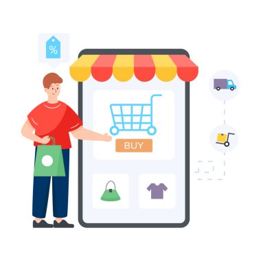 Akıllı telefon ve mobil uygulama vektör illüstrasyonlu çevrimiçi alışveriş kavramı