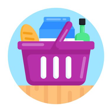 Yiyecek ve içecek vektör çizimi içeren alışveriş sepeti