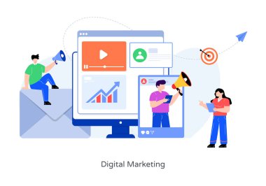 Akıllı telefon ve pazarlama simgeleri vektör illüstrasyon tasarımına sahip iş adamları