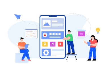 Akıllı telefon ve dizüstü bilgisayar vektör resimleme tasarımı ile çalışan insanlar