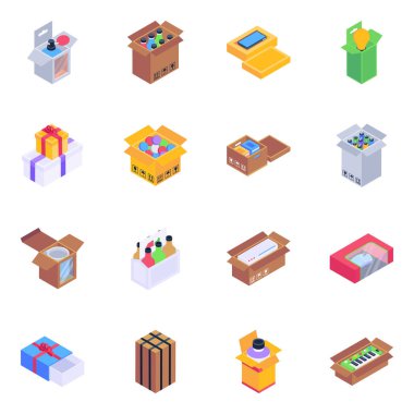 Kutunun izometrik simgeleri, vektör illüstrasyonu