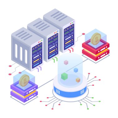 Bilgisayar ve dizüstü bilgisayarı olan bir veritabanının izometrik vektör çizimi.