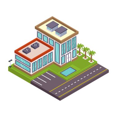 Yeşil çatılı ve ağaçlı izometrik şehir binası. vektör illüstrasyonu