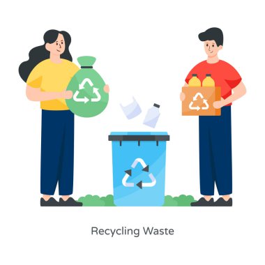 Çöp kutusunun geri dönüşüm torbası ve çöp kutusuyla vektör çizimi.