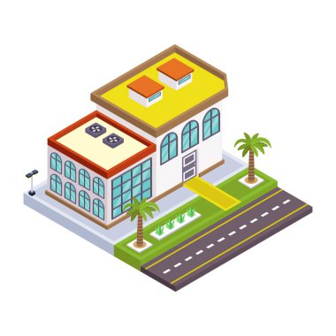 Otel ve ev vektör illüstrasyonlu izometrik şehir binası
