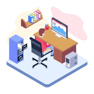 Bilgisayar ve sandalye vektör illüstrasyon tasarımı ile izometrik ofis içi
