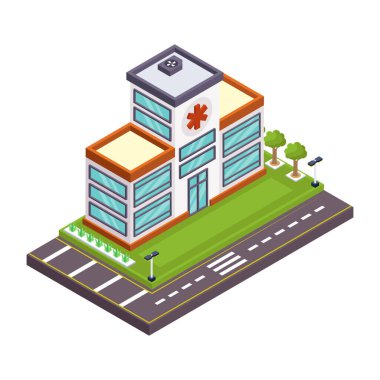 Hastane binası izometrik vektör çizimi