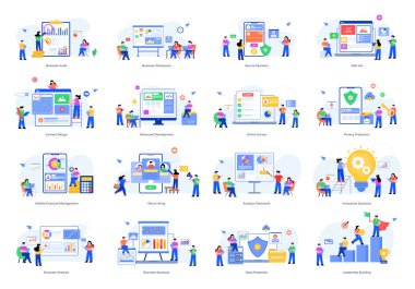 Bir grup insan ve iş dünyası simgeleri. vektör illüstrasyonu