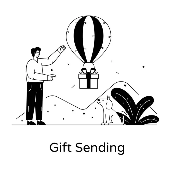 Man Gift Box Balloon His Hand Vector Illustration — Stock Vector