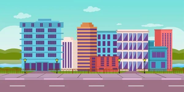 Calle Ciudad Con Edificios Árboles Ilustración Vectorial — Vector de stock