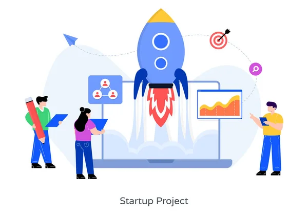 Concetto Startup Con Persone Icone Sviluppo Progettazione Illustrazione Vettoriale — Vettoriale Stock