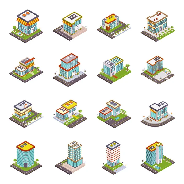 Building Isometric Icons Set Cartoon Illustration Street Vector Icon Web — Stock Vector