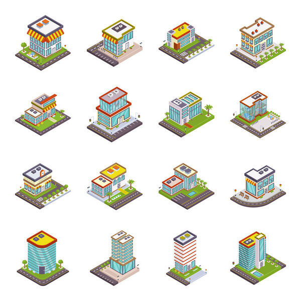 building isometric icons set. cartoon illustration of 9 street vector icon for web