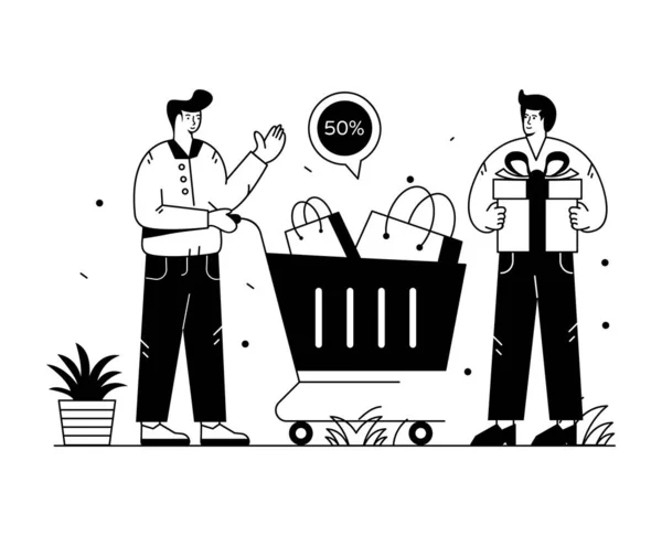 Man Shopping Cart Gift Box Vector Illustration — Stock Vector
