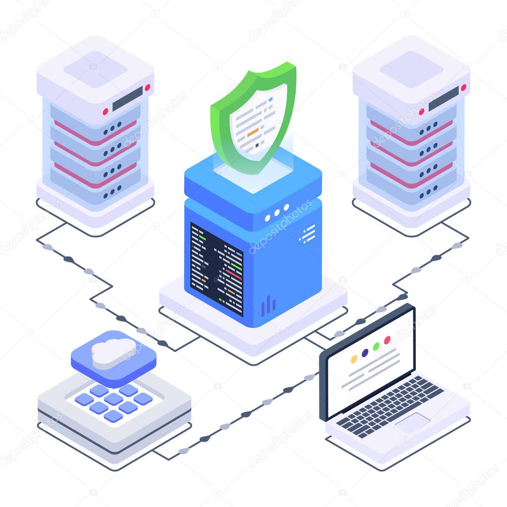 isometric data server room with database and laptop vector illustration