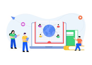 Online eğitim konsepti. İnsanlar ve öğretmen. vektör illüstrasyonu