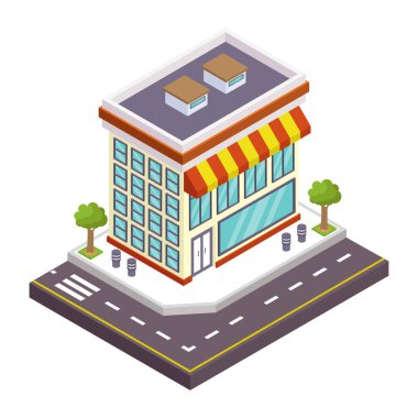 Köprü ve ev vektör illüstrasyonlu izometrik şehir caddesi