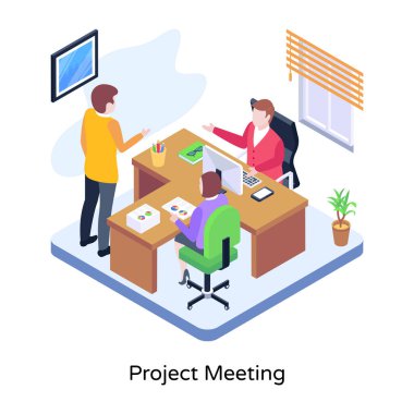 Bir masa üzerinde çalışan bir grup insanın izometrik vektör çizimi.