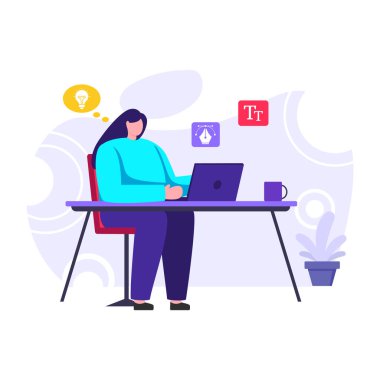 Dizüstü bilgisayarda çalışan genç bir kadın. vektör illüstrasyonu