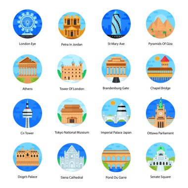 Bir dizi ünlü simgenin vektör çizimi.