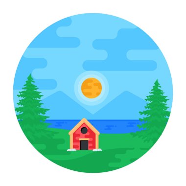 Ağaçlı ev ve gökyüzü arkaplan vektör çizimi tasarımı