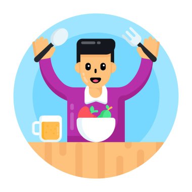 Akıllı telefon ve bir fincan kahve vektörü illüstrasyonu olan bir adam.