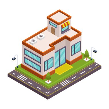 Ev ve yol vektör illüstrasyonlu izometrik şehir binası