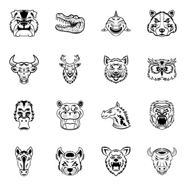 Hayvanların, amblemlerin, logoların, rozetlerin, etiketlerin, posterlerin, tişörtlerin vektör çizimleri